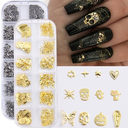 Halloween Nail Art Glitter Sequins 3D Holographic Skull Pumpkin Ghost Butterfly Cat Coffin Love Star Halloween Gold Silver Glitter for DIY Nail Art Halloween Party 24 Grids