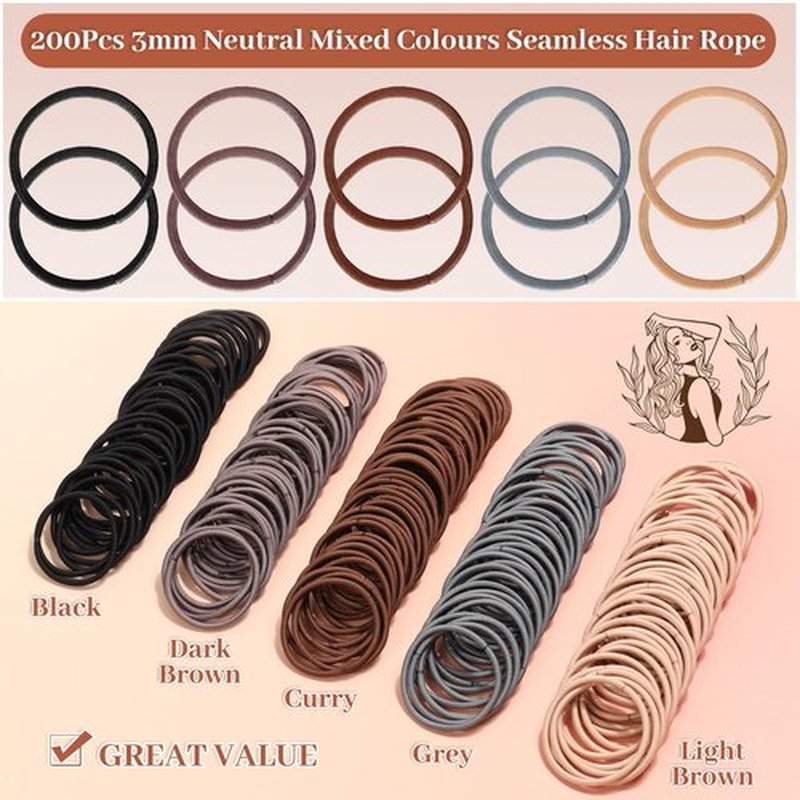 Anezus 200 Pcs Hair Ties for Women Girls Hair Elastics Hair Bands Ponytail Holders Hair Rubber Bands for Thick Straight Curly Hair (Neutral Color)