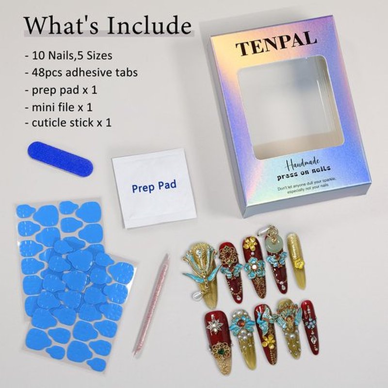 TENPAL 10Pcs Heirloom Chinese Bridal Press On Nails With Tools,Red Gold Phoenix Dragon Designs Fake Nails Long Stiletto,Full Crystals Heavy Relief Luxury Wedding Set Glue on Nails for Cheongsam(S)