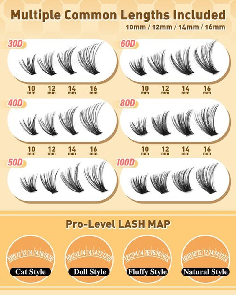 Calphidar Eyelash Clusters 30D+40D+50D+60D+80D+100D, DIY Curly Wispy Individual Natural Lash Extension for Beginners, 476PCS D, 10-16MM