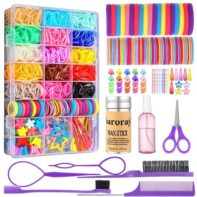 auroray Hair Accessories for Girls, 1698 Pcs Hair Rubber Bands with Elastic Hair Ties Hair Clips Hair Wax Stick Spray Bottle Hair Styling Tools