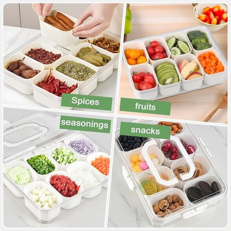 Snackle Box - 8-Compartment Portable Snack Container with Lid & Handle | Clear Serving Tray for Parties