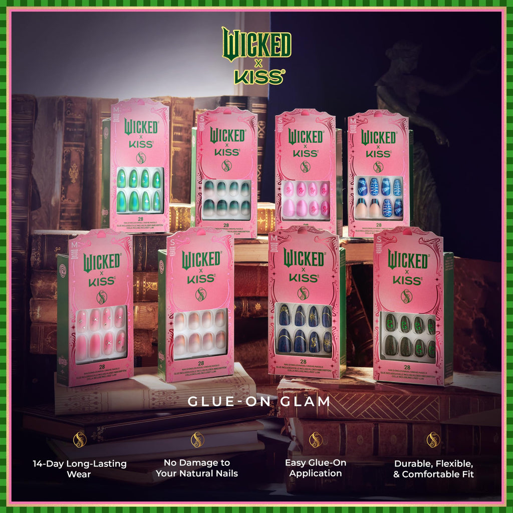 WICKED X KISS Press On Nails Almond, ‘Glinda Goodness’, Pink, Short, Waterproof, Chip Proof, Smudge Proof, 28 Fake Nails, Pink Gel Nail Glue (2g), Mini Nail File, & Manicure Stick