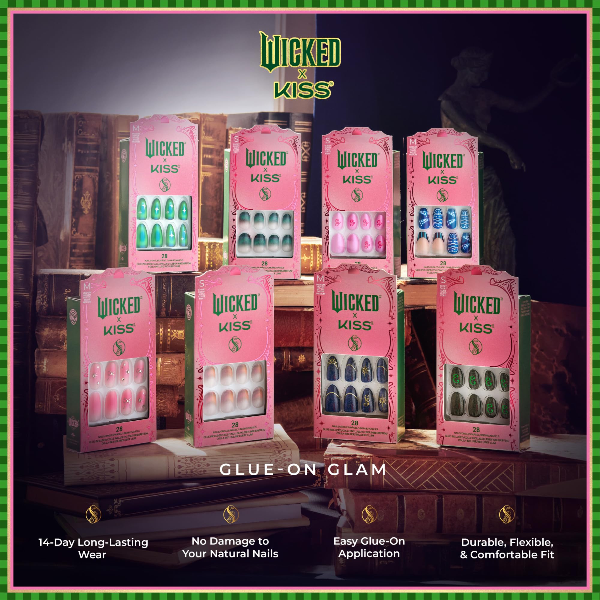 WICKED X KISS Press On Nails Almond, ‘Glinda Goodness’, Pink, Short, Waterproof, Chip Proof, Smudge Proof, 28 Fake Nails, Pink Gel Nail Glue (2g), Mini Nail File, & Manicure Stick