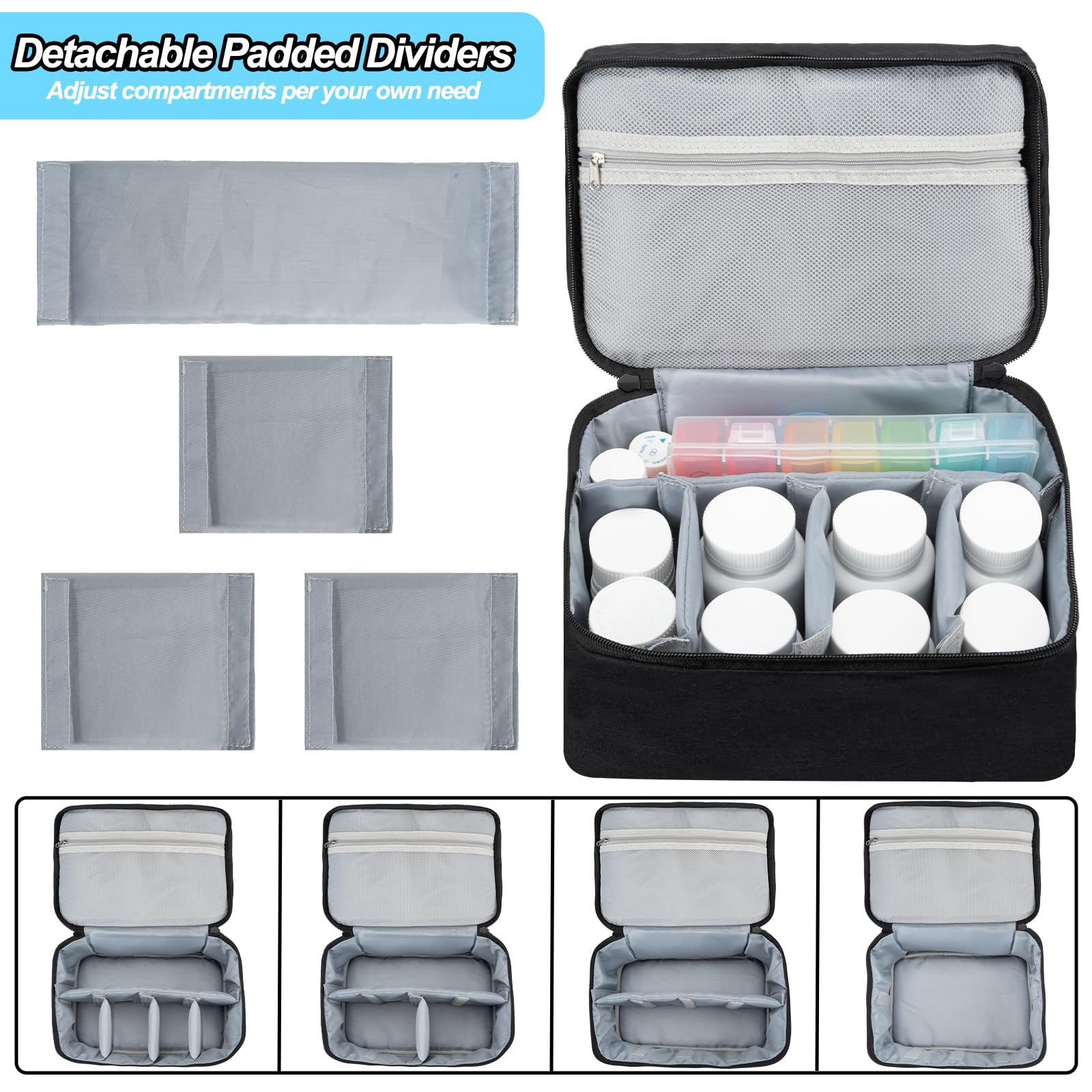 Medicine Organizer Bag, Dual Layers Pill Bottle Organizer Storage Bag with Adjustable Divide, Medication Travel Bag for Pills, Vitamins, Medical Supplies for Home with Pill Carrying Bag&Pill Pouch Bag