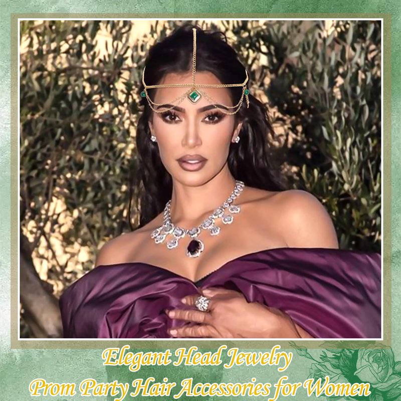 VENOFEN Head Chain Gold Headpiece Imitation Emerald Beads Forehead Jewelry for Women Boho Style Multi-Layered Chain Head Jewelry Festival Hair Decoration Accessories
