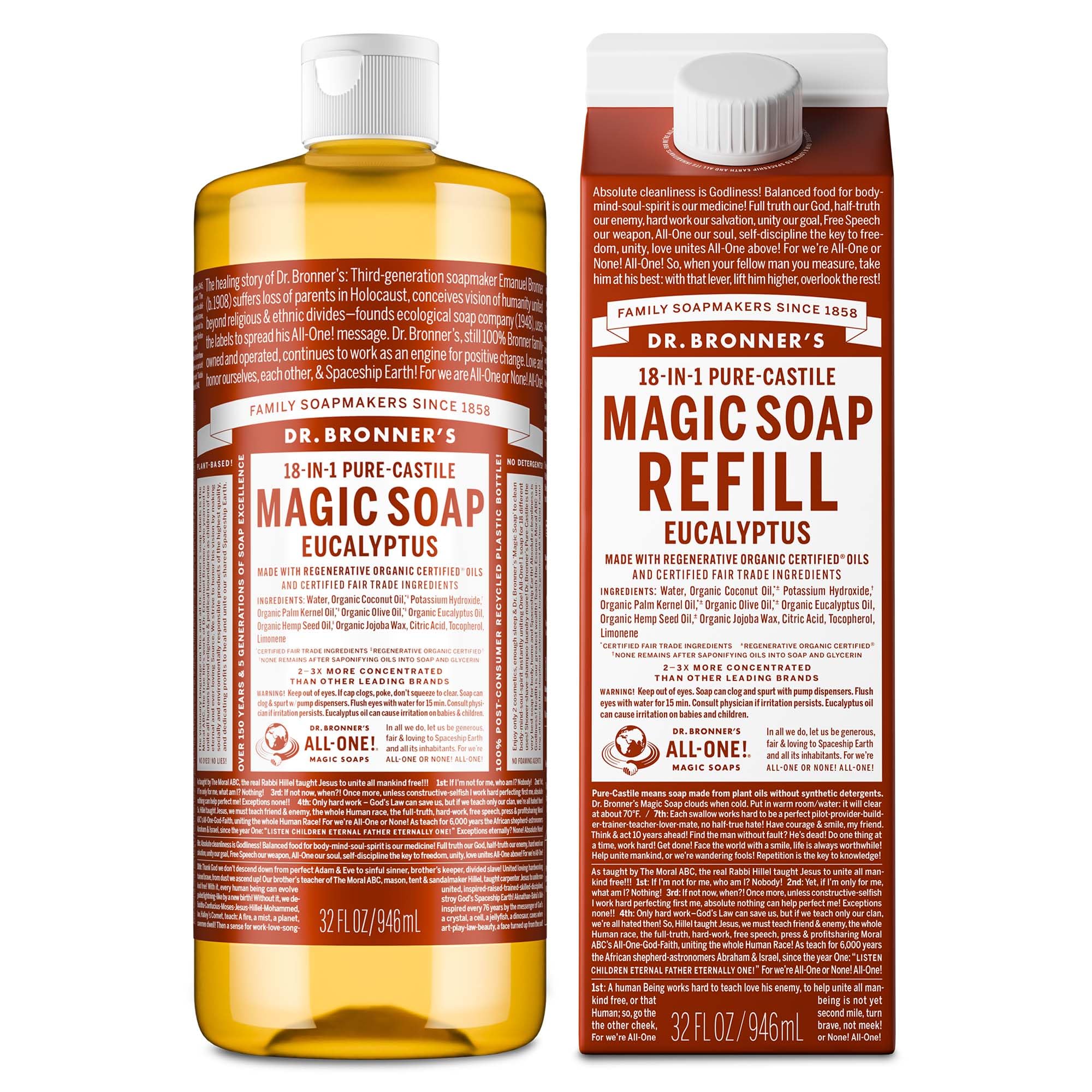 Dr. Bronner's Pure-Castile Liquid Magic Soap Bottle & Refill Carton - Made with Regenerative Organic Certified Oils- 18-in-1 Uses for Face, Body Wash, Hand Soap Refill- Eucalyptus, 32oz + Refill