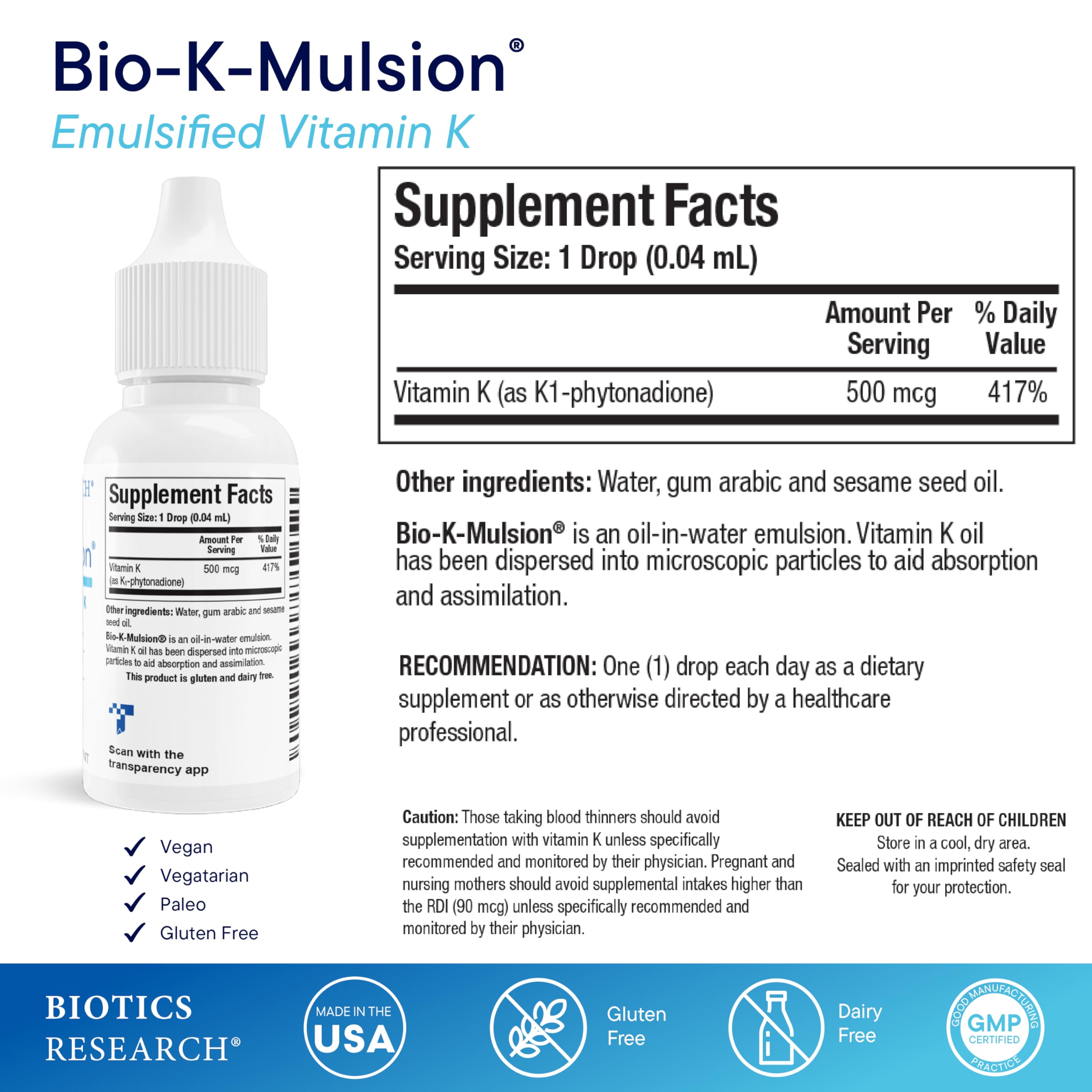 BIOTICS RESEARCH Bio K Mulsion Liquid Vitamin K Drops - 500 mcg/S - Vitamin K1 phytonadione for Adults - VIT K Supplement - Strong Bones, Heart Health, Blood Clotting Support, 1 fl oz