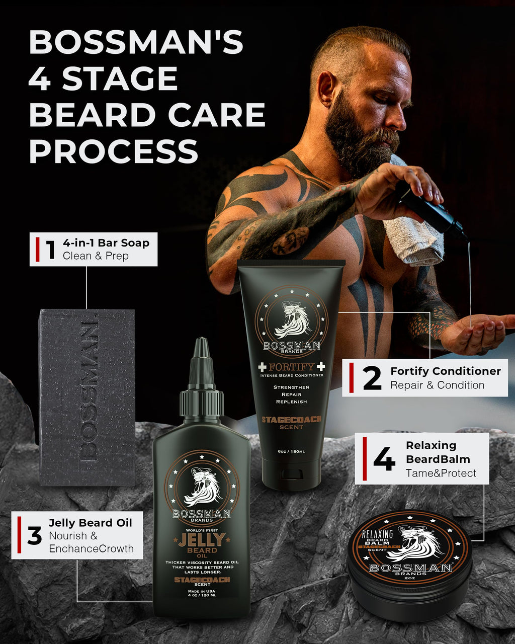Bossman Essentials Beard Kit for Men, Set of 3 - Beard Oil Jelly, Fortifying Conditioner Cream, Beard Balm - Grooming Growth Care Accessories - Gift Set for Men (Vetiver X)