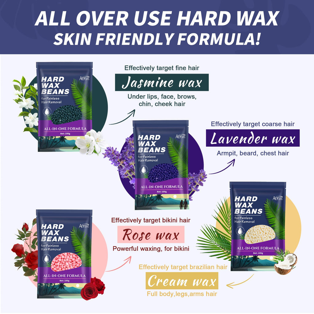 Waxing Kit- Anruz Women Men Wax Kit for Hair Removal - For Sensitive Skin, Eyebrows, Brazilian, Face, Bikini - Home Use Digital Wax Warmer with 5 Bags Hard Wax Beads (17.5 oz. total)