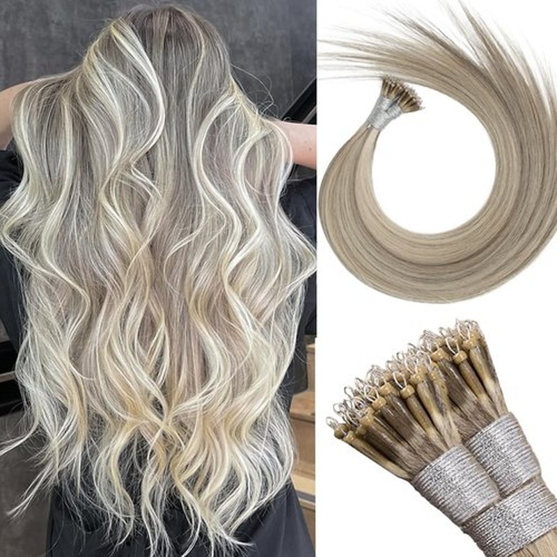 Eliysako Remy-Hair Nano Bead Hair Extensions Human Hair 18Inch 40g/pack Nano Ring Hair Extensions Human Hair Color #P60/16 Grey Brown Mix Blonde Long Straight Invisible for Women