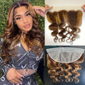 AUROO P4/27 Honey Blonde Highlight Body Wave Frontal Closure Human Hair 16 Inch, 12A 100% Virgin Ombre Brown Balayalge 13x4 Ear to Ear Transparent Lace Frontal Pre Plucked With Baby Hair Sew In Remy