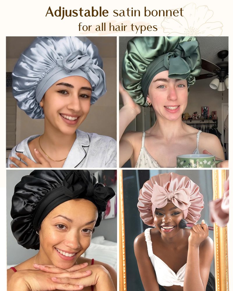 YANIBEST Adjustable Satin Bonnet for Sleeping Women Double Layer Hair Bonnet Reduce Friction Prevent Frizz Natural Curly Hair