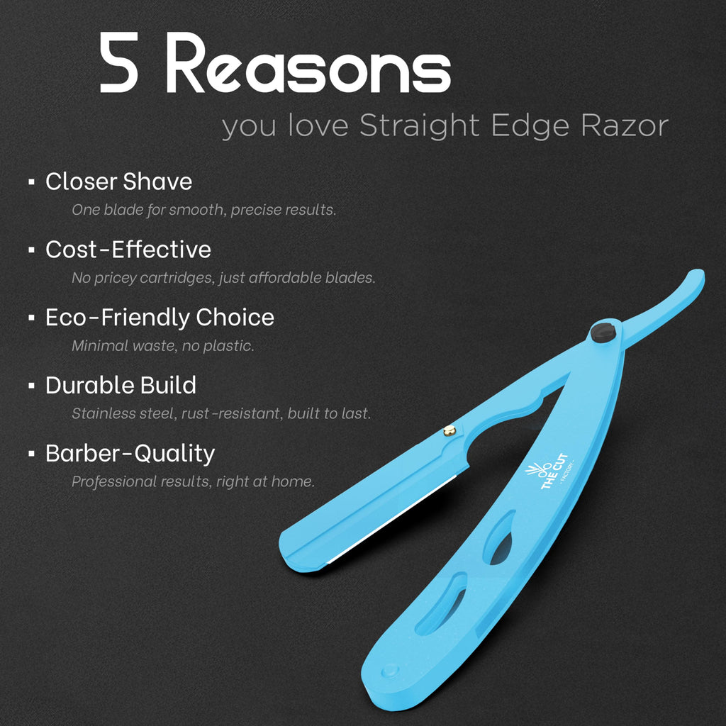 The Cut- Factory- Straight Razor with 20 Pack Platinum Treet Single Blade Razors for Men- Professional Barber Straight Edge Razor for Close Shaving 100 Percent Stainless Steel, Blue