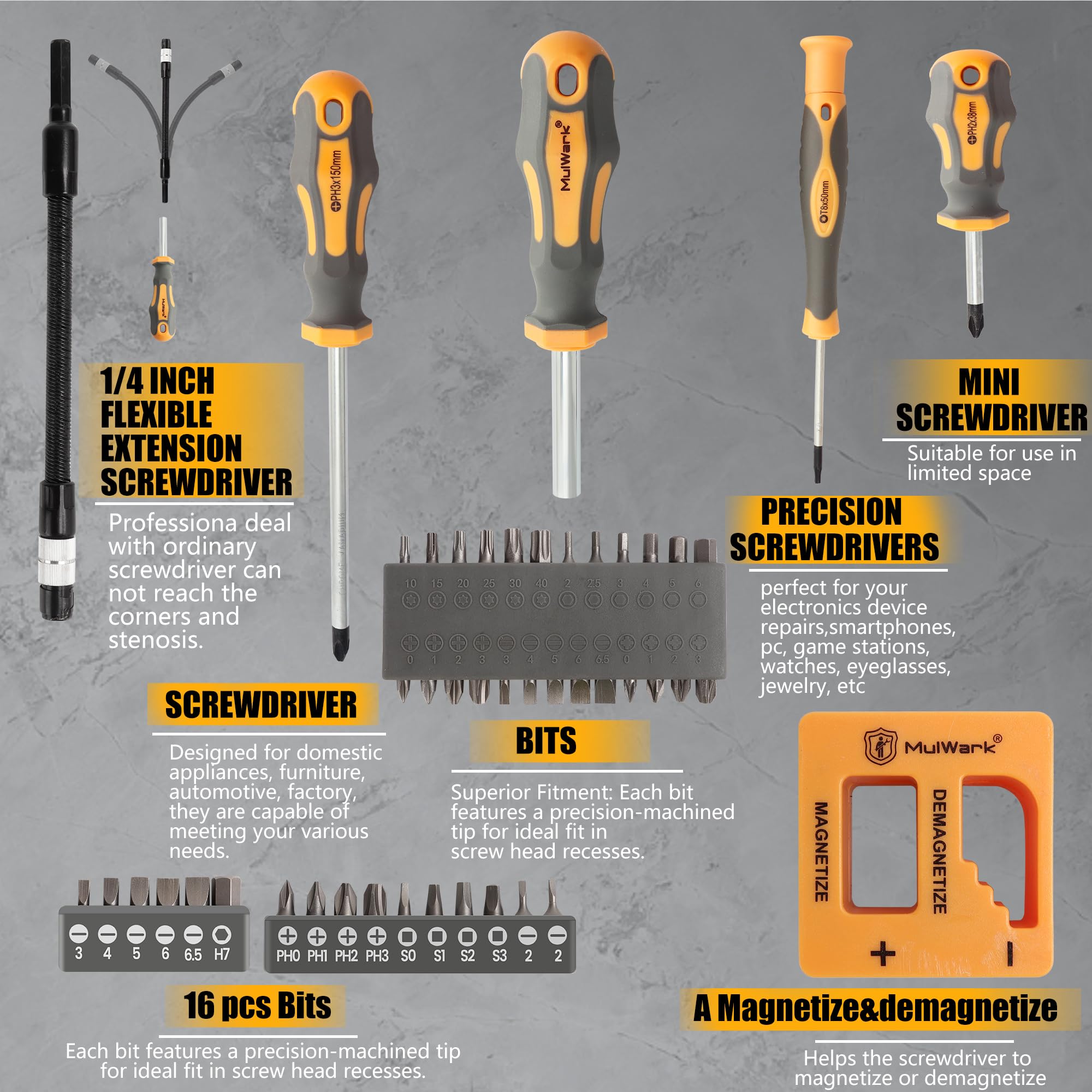MulWark Magnetic Screwdriver Set with Case, Screw Driver Set Kit 59 Piece Includs Phillips, Hex, Pozidriv, Torx and Precision Screw Driver Set, Replaceable Screwdriver Bit Set for Men, Dad, Husband