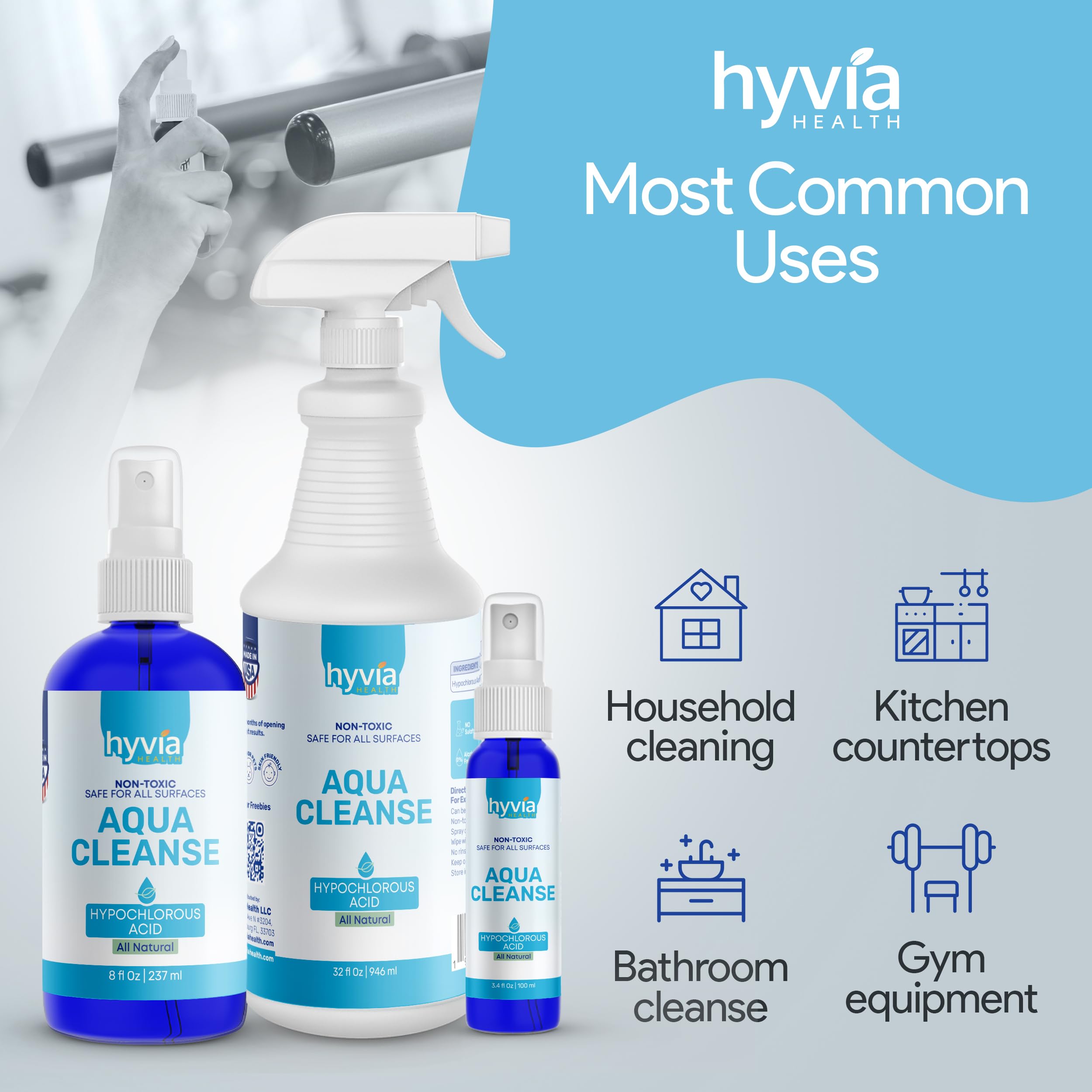 Hyvia Health AquaCleanse Hypochlorous Acid 1 Gallon - Bulk All-Purpose Cleaner with HOCL, All-Natural Surface Cleaning Solution - Safe For Kids, Pets, & Daily Use | Clear Spray Made In USA | Refill