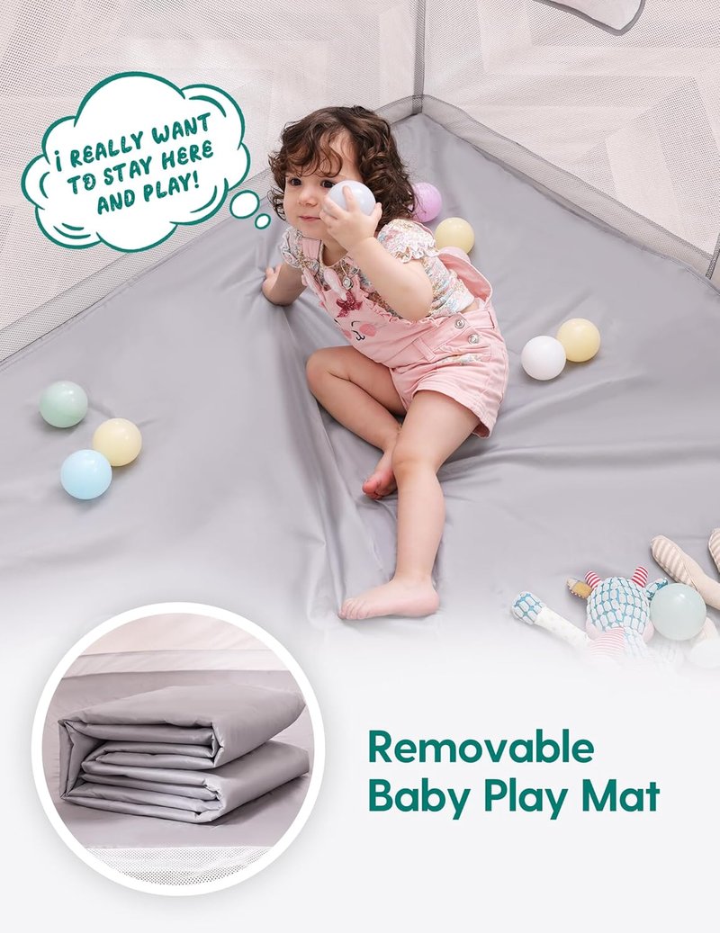 Babelio Foldable Baby Playpen - Portable 54.5" × 54.5" Playard with Mat | Indoor & Outdoor Safety Fence, Grey