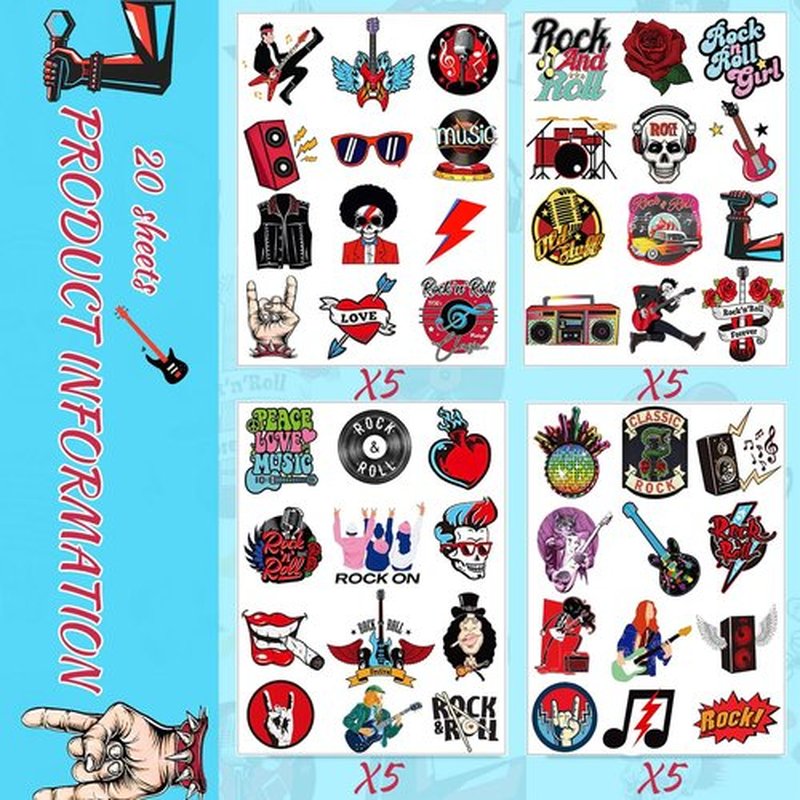 Rock N Roll Temporary Tattoos Stickers for Music Rock Band Star Birthday Party Decorations Supplies Prizes Rewards Gifts 20 Sheet