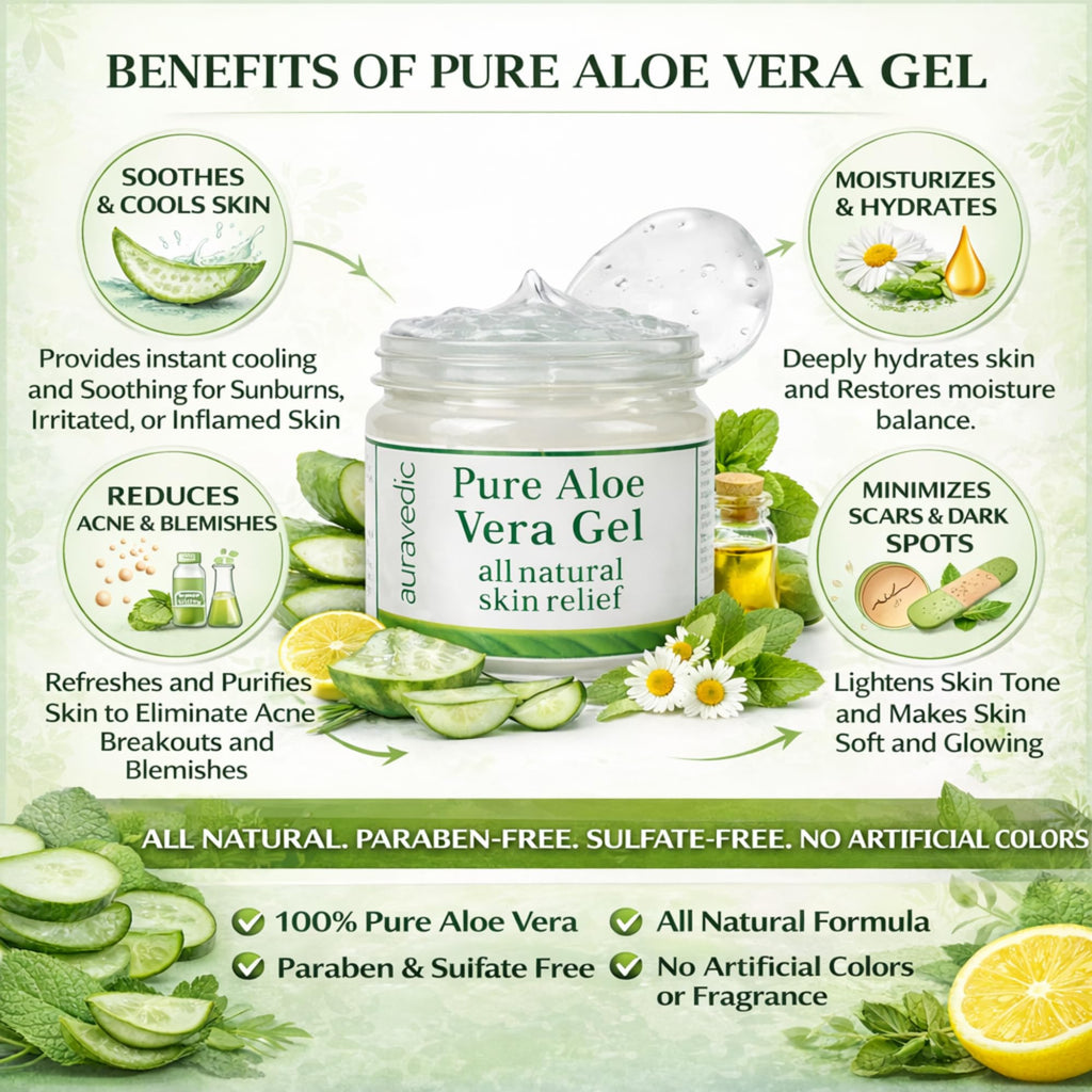 Auravedic Pure Aloe Vera Gel for Face, Body & Hair | Natural & Soothing Plant-Based Gel | Ideal for Daily Skincare, After-Sun Use & Hair Conditioning | Alcohol-Free | 7.05 Oz (200g)