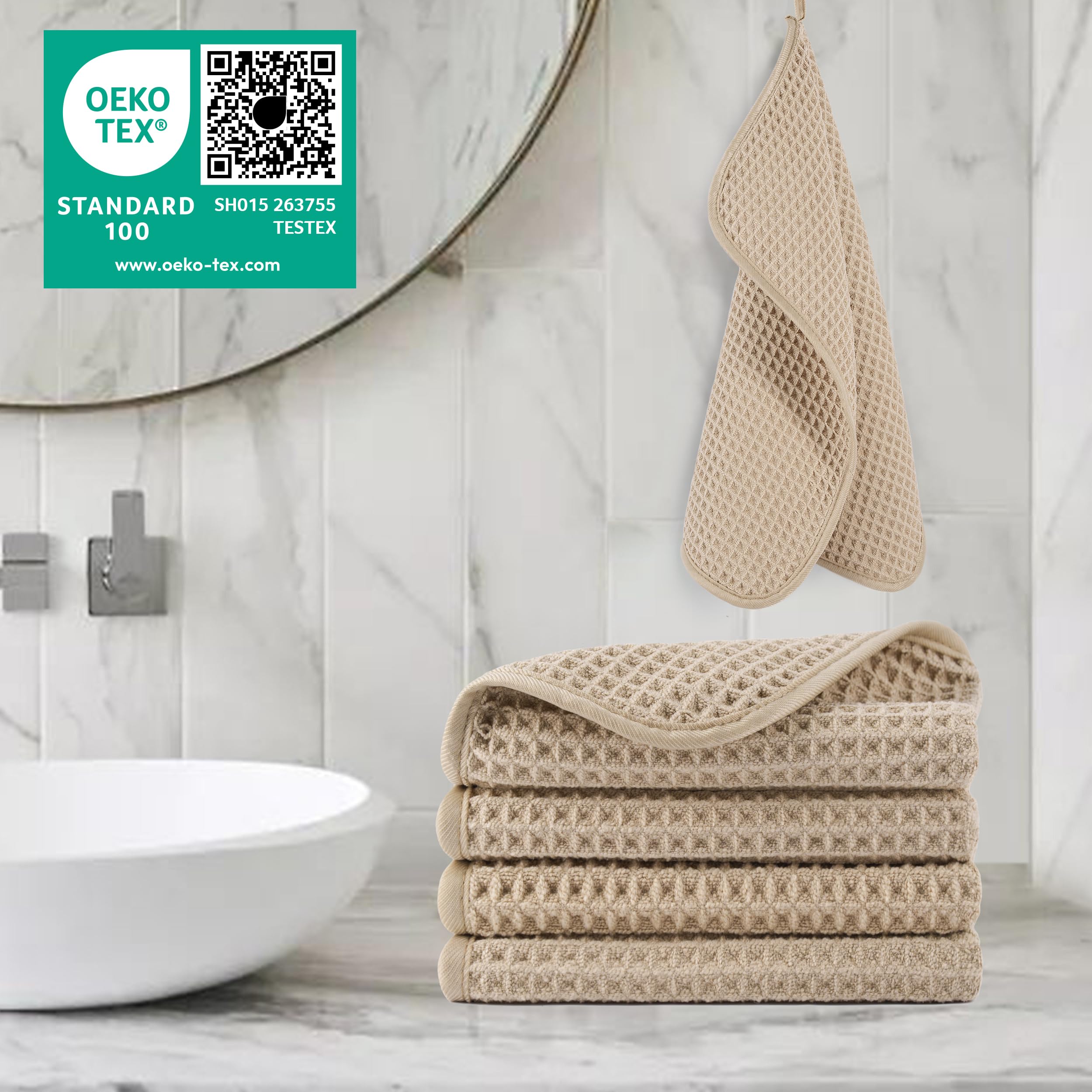 POLYTE 430 GSM Microfiber Lint Free Washcloth Face Towel, 13 x 13 in, 4 Pack (Waffle Weave)