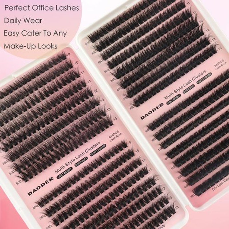 DAODER Thick Short DIY Lash Extension Kit 640pcs 50D 60D 80D 100D Mixed Volume 3D Cluster Eyelash Extensions Fluff D Curl Individual Lashes Clusters with Lash Remover Bond Seal 9-13mm