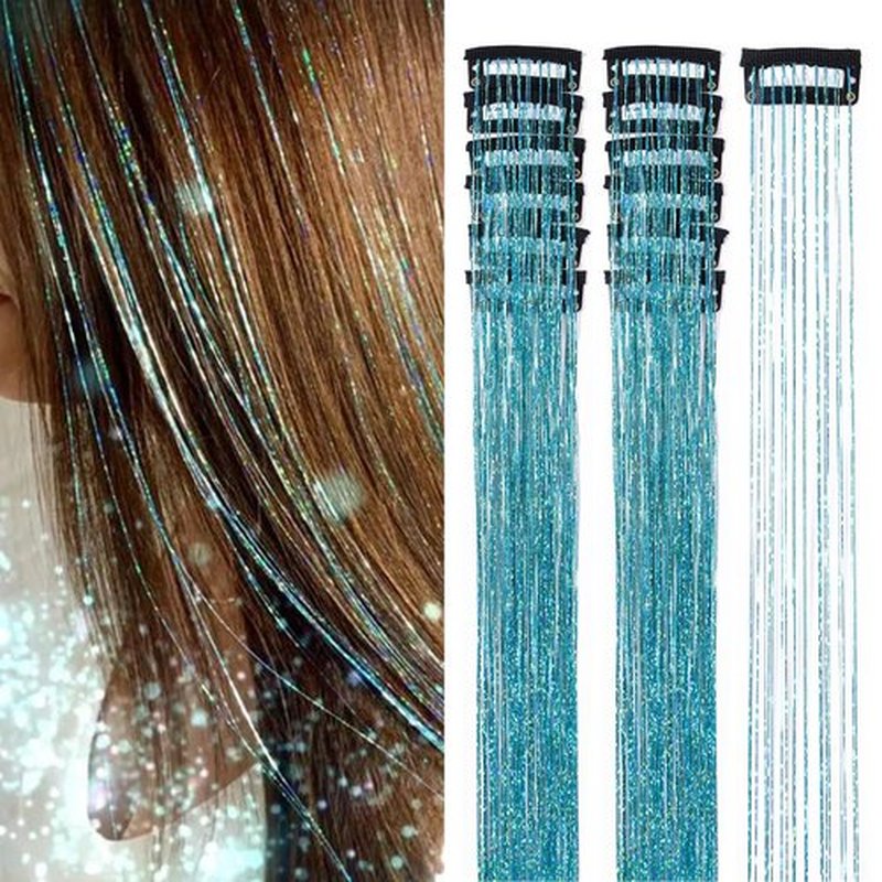 Hair Tinsel 12 Pcs Clip in Hair Tinsel Kit for Girls 20.5 Inch Glitter Shiny Sparkly Fairy Tinsel Hair Extensions Heat Resistant Party Festival Accessories for Women Kids (Peacock Blue)