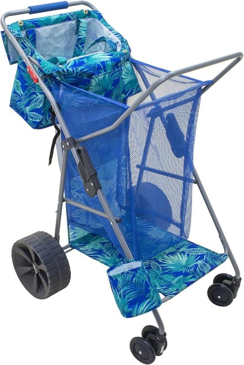 Tommy Bahama Beach Cart - Deluxe Folding Caddy for Towels & Accessories | Holds 48-Quart Cooler & 4 Chairs - Blue