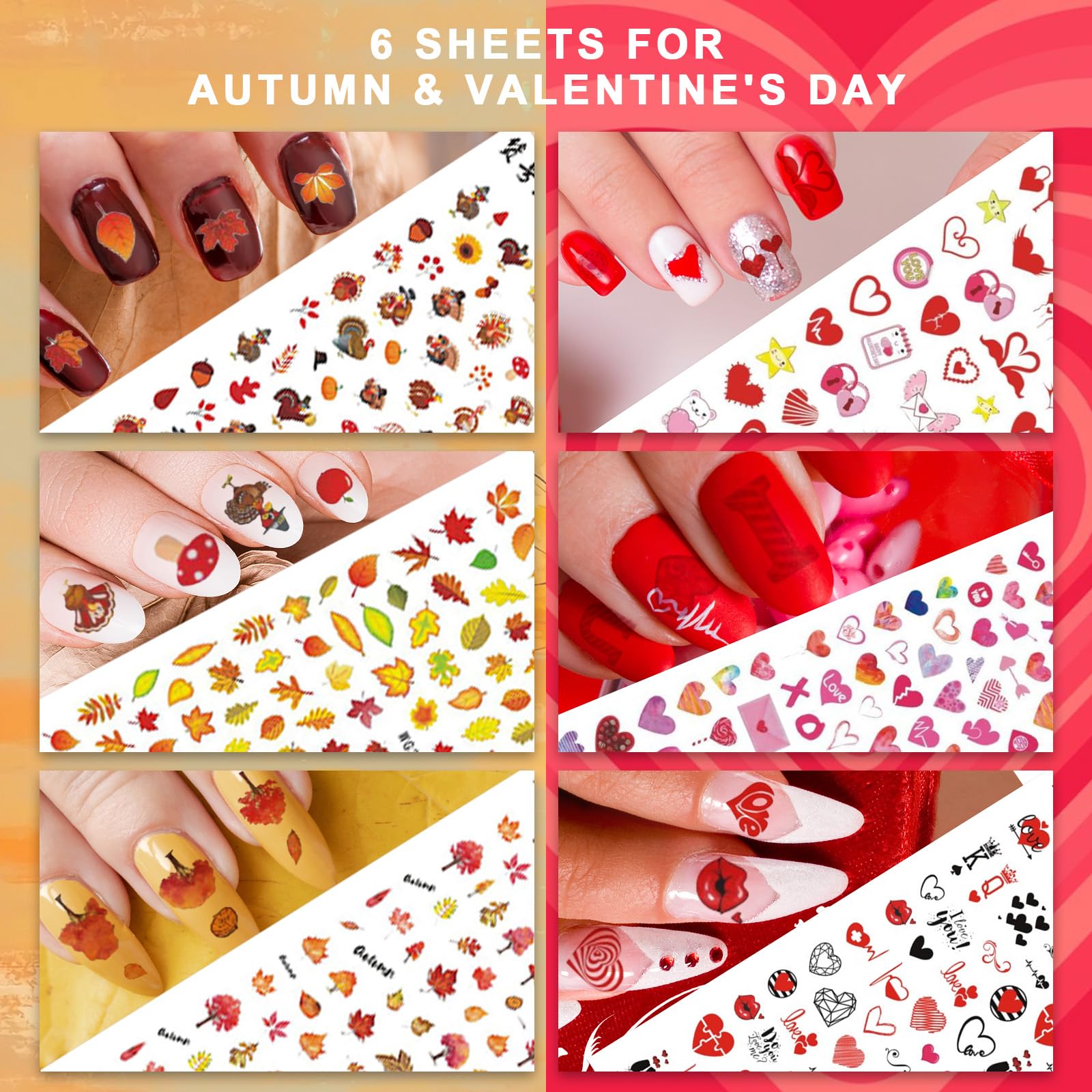 Whaline 18 Sheets Valentine Nail Art Stickers All Holiday Nail Decals St Patricks Day All Season Fall Halloween Winter Christmas 4th of July Self-Adhesive Nail Decals for DIY Manicure Party Decor