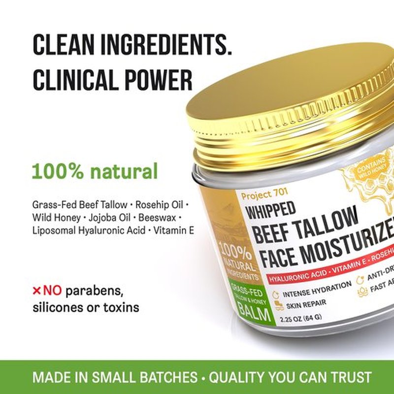 PROJECT 701 Beef Tallow for Face and Skin - Grass Fed Tallow and Honey Balm, Face Moisturizer with Liposomal Hyaluronic Acid - Day and Night Cream for Dry Sensitive Skin, Glass Jar 2.25 oz