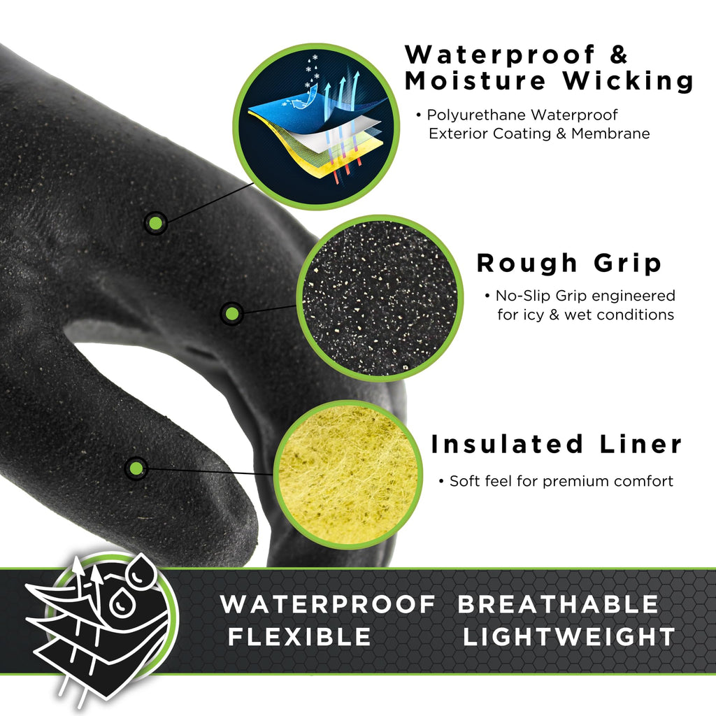 SHOWA TEMRES 282-02 Waterproof Insulated Winter Work Gloves, Breathable Polyurethane, Integrated Drawstring Gaiter Snow Cuff, Thermal Fleece for Skiing, Ice Fishing, Black, Large, 1 Pair
