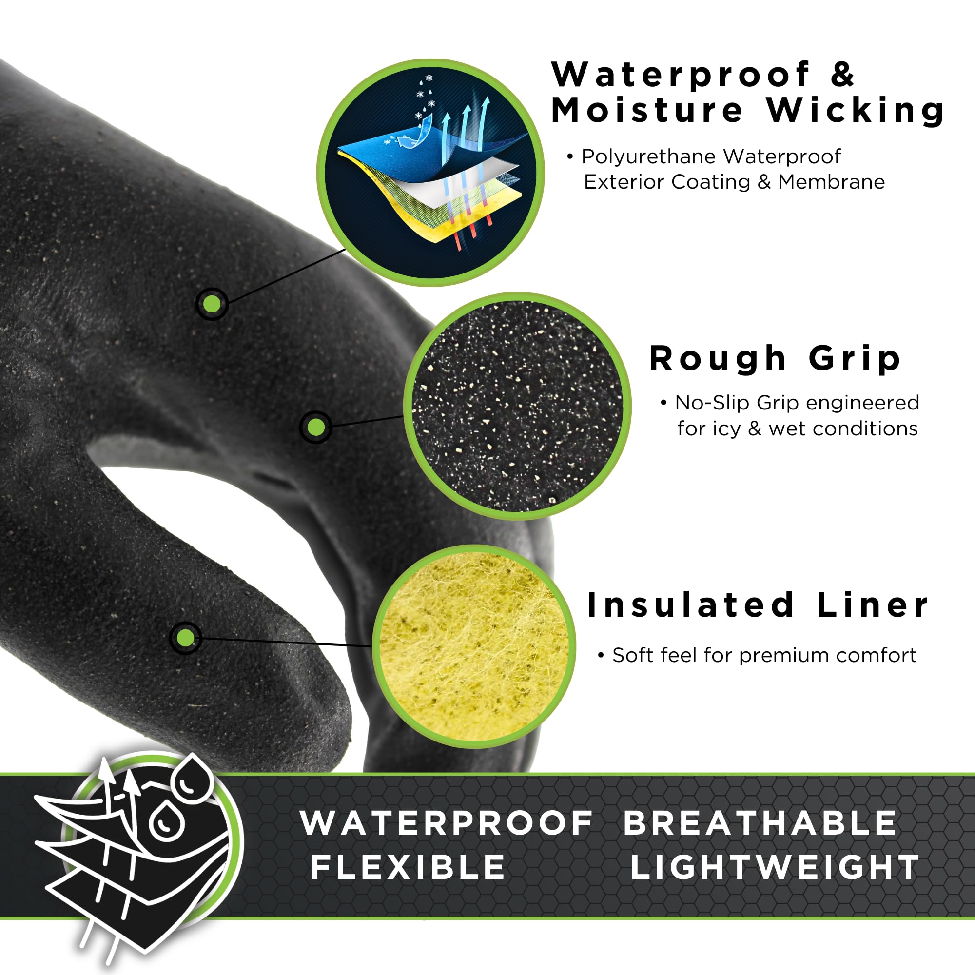 SHOWA TEMRES 282-02 Waterproof Insulated Winter Work Gloves, Breathable Polyurethane, Integrated Drawstring Gaiter Snow Cuff, Thermal Fleece for Skiing, Ice Fishing, Black, Large, 1 Pair