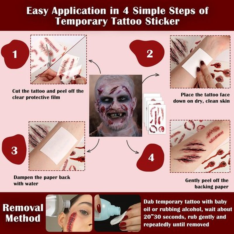 BOBISUKA Halloween Fake Blood Kit, 1.76oz Blood Spray + 1.76oz Dripping Blood + 4 Scar/Wound Face Tattoos, Realistic Washable Fake Blood Makeup for Clothes Zombie Vampire Monster SFX Costume Cosplay