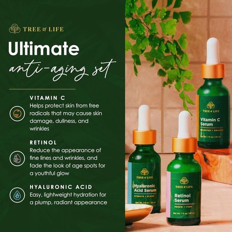 Tree of Life Beauty Facial Skin Care Set | Brightening & Firming Serums with Vitamin C, Retinol & Hyaluronic Acid - 1 Fl Oz (Pack of 3)