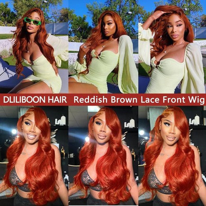 DliliBoon 9X6 Reddish Brown Human Hair Lace Front Wig for Black Women Pre Cut Reddish Brown Lace Front Wigs Human Hair 9x6 Body Wave Lace Frontal Auburn Colored Wig 180% Density (22inch)