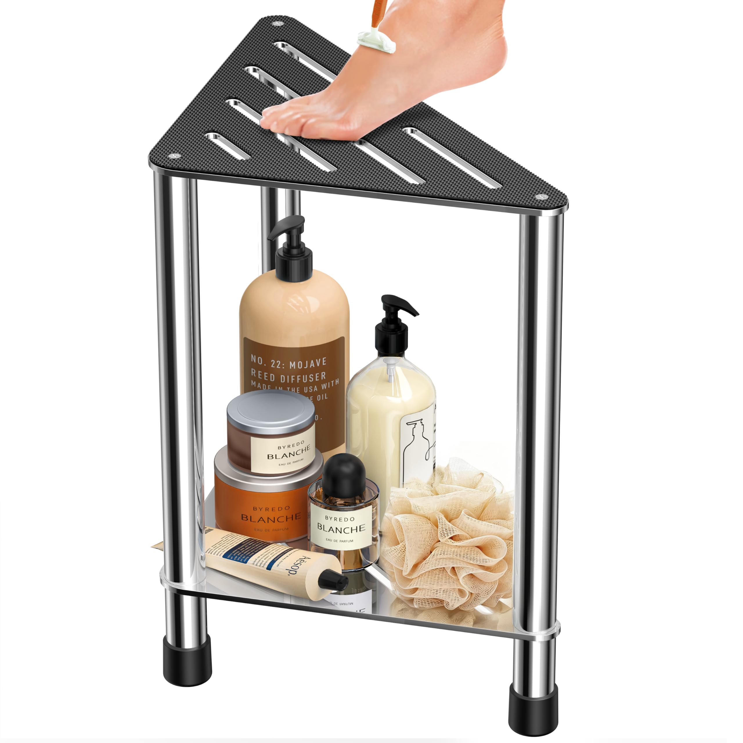 LarFaFa Upgrade Stainless Steel Shower Stool for Inside Shower, 15.4'' H Shower Foot Rest, Corner Shower Stool with Storage Shelf, Shower Step for Shaving Legs, Bathroom Corner Shower Bench, Silver