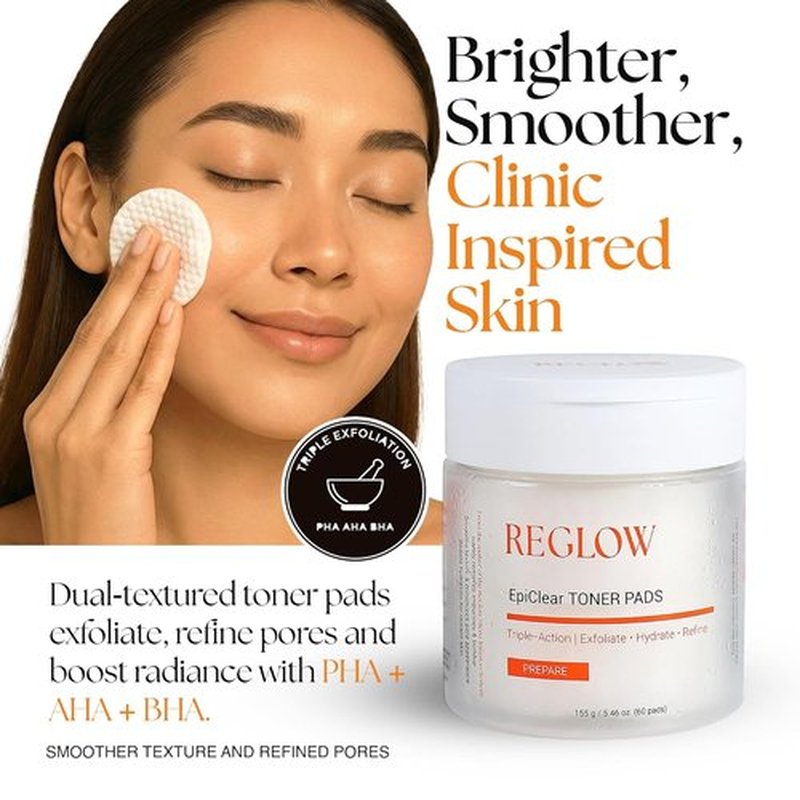 ReGlow EpiClear Toner Pads - Exfoliating Facial Pads with PHA, AHA, BHA & Niacinamide | Hydrating & Resurfacing Daily Peel - 60 Pads