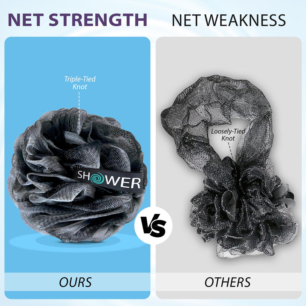 SHOWER BOUQUET Loofah-Charcoal Bath-Sponge-4-Pack // Extra-Large 75g Soft Mesh Black Loofa Lufa Loufa Luffa Puff Set/Exfoliating Body Scrubber for Women and Men - Exfoliate & Soothe Face & Body
