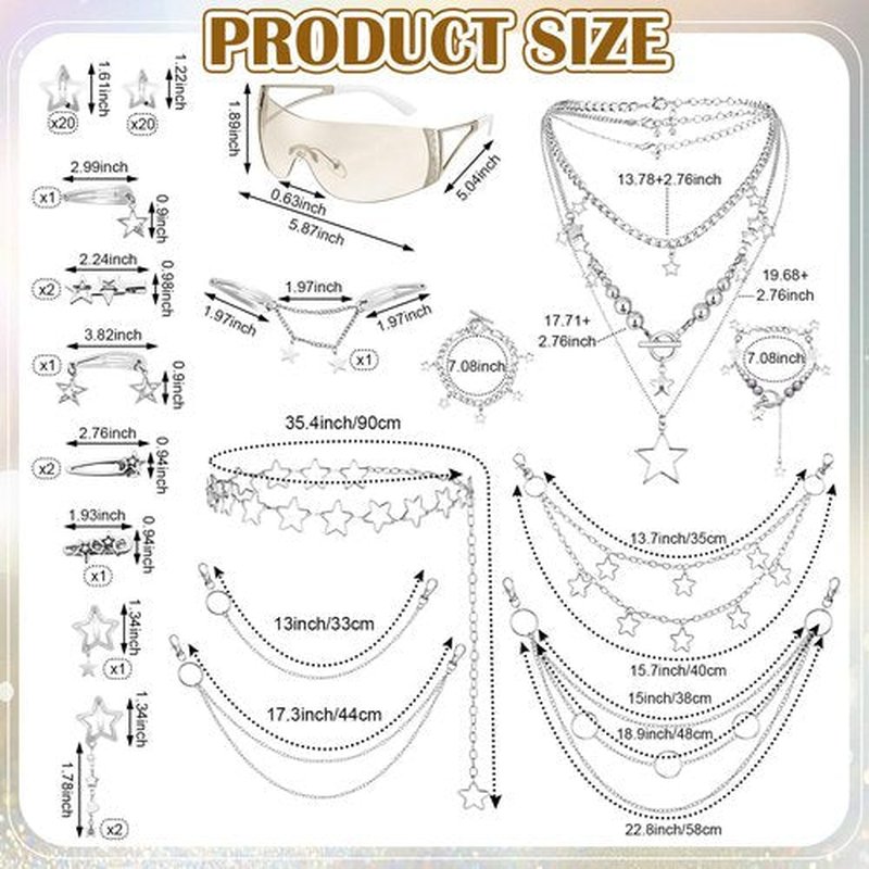 Fourluoo 60 Pcs Y2k Accessories Set Included Y2k Choker Bracelet Ring Sunglasses Hair Clips Chain Belt 2000s Accessories Set (Gradient Silver, Silver)