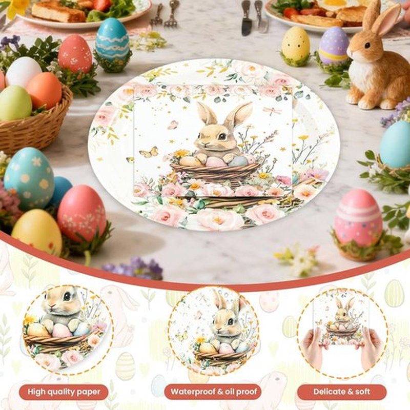 Skiennix Easter Party Plates Set - 40 Pcs 9-Inch Paper Plates & Napkins, Bunny Eggs Design for Spring Celebrations