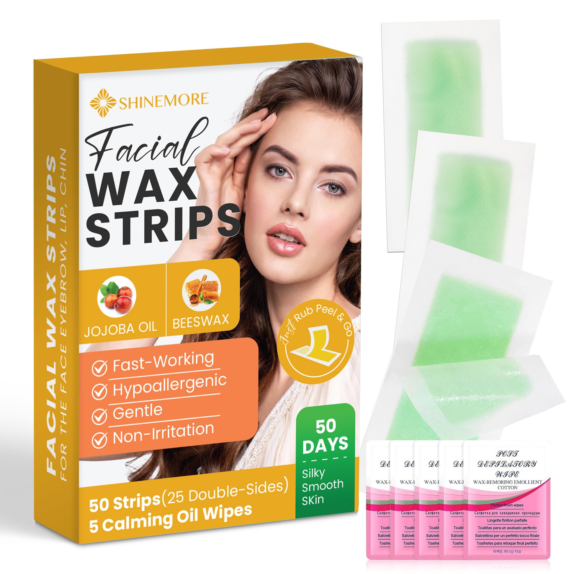 Facial Wax Strips for Hair Removal: Fast Working and Gentle for Face, Eyebrow, Upper Lip, Chin - Hypoallergenic for All Skin Types 50 Waxing Strips