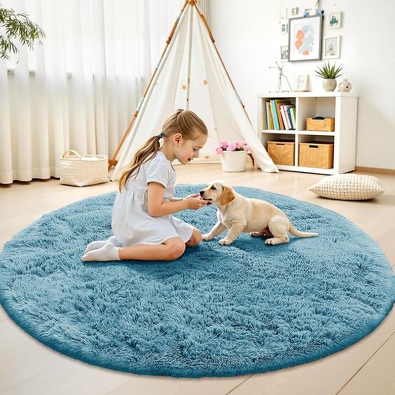 OLANLY Round Slate Blue Area Rug - Soft, Machine Washable 7 ft Circle Carpet for Bedroom & Living Room