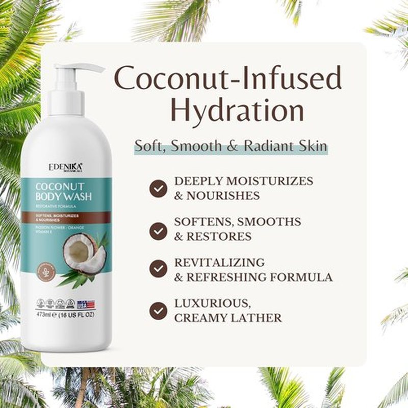EDENIKA BOTANICALS Coconut Body Wash - Ultra Moisturizing Shower Gel for Dry Skin | 16 fl oz, 2-Pack