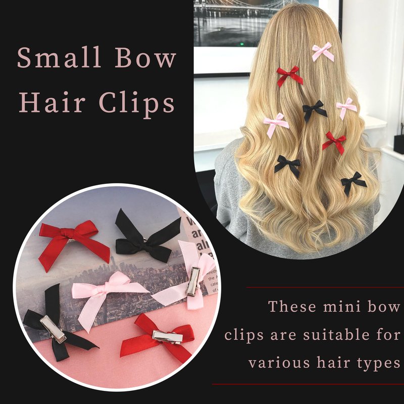 YAEISM 30PCS Small Hair Bows Black Mini Bow Hair Clips Satin Mini Pink Bows Coquette Barrettes Hair Accessories for Women Girls
