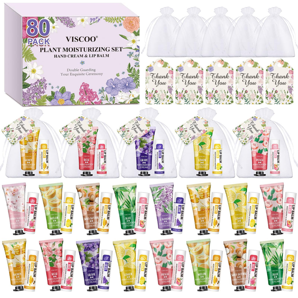 VISCOO 80 Pack Bulk Lip Balm and Hand Cream Set, Teacher Appreciation Gifts/Graduation Gifts, Nurses Week Gift, Thank You Bridal Wedding Favors for Guests, Small Gift for Women Birthday