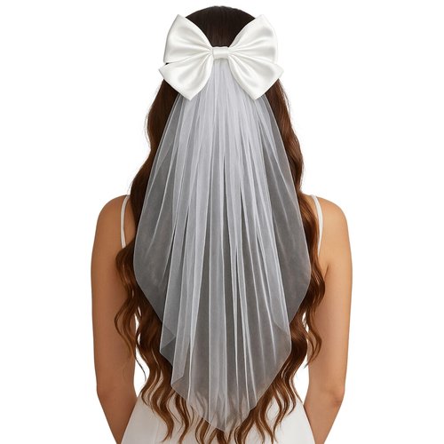 Funky Junque White Bride to Be Veil – Elegant Embroidered Veil for Bachelorette Parties, Bridal Showers, Engagement Celebrations & Bride Accessories - Oversized Satin Bow - White