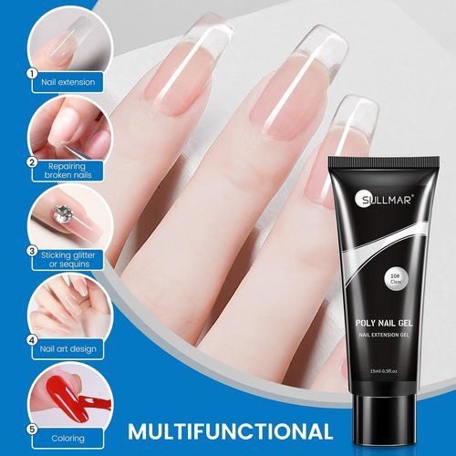 SULLMAR Poly Nail Gel Kit 15ml/0.5fl.oz Clear and Nude Poly Gel Nail Extension Flase NAIL Gel with Slip Solution Nail Dryer for Beginner(Clear&Nude)