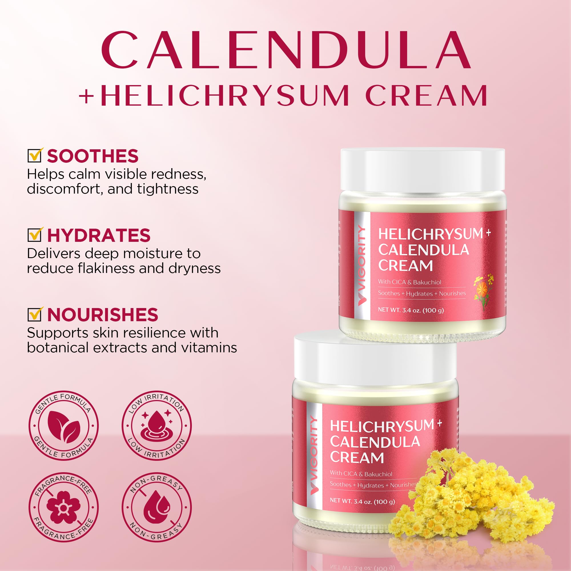 Vigority Calendula Cream: Soothes Calendula Cream for Mature, Thin & Fragile Skin with Helichrysum, Bakuchiol & CICA - Hydrates, Nourishes & Strengthens Skin Barrier - Non-greasy Fragrance Free 3.4oz
