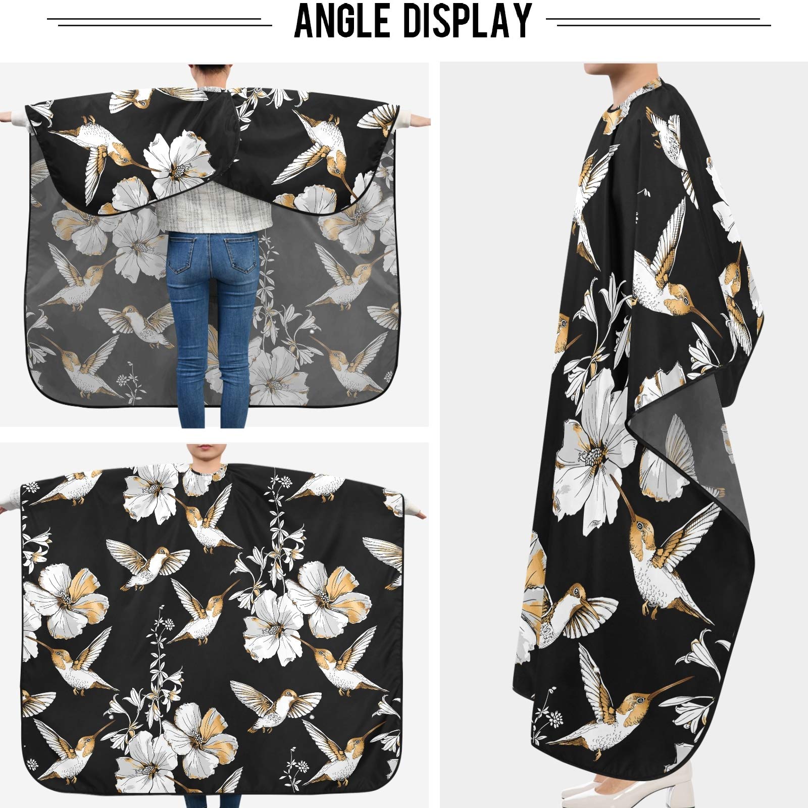 visesunny Barber Cape Exotic Tropical Hibiscus Flower And Hummingbird Gold Silver Pattern Polyester Hair Cutting Salon Cape Apron Anti-Static Haircut Water-Resistant Shaving Cloth Beard Shaving Bib Ha