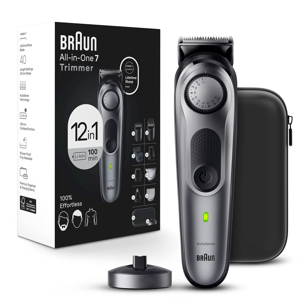 Braun All-in-One Men's Shaving Kit Series 7 7440, 12-in-1 Beard, Face, Nose, Ear Trimmer, Hair Clippers, Body Groomer and Manscaping + Travel Case + Charging Stand (Pack of 3)