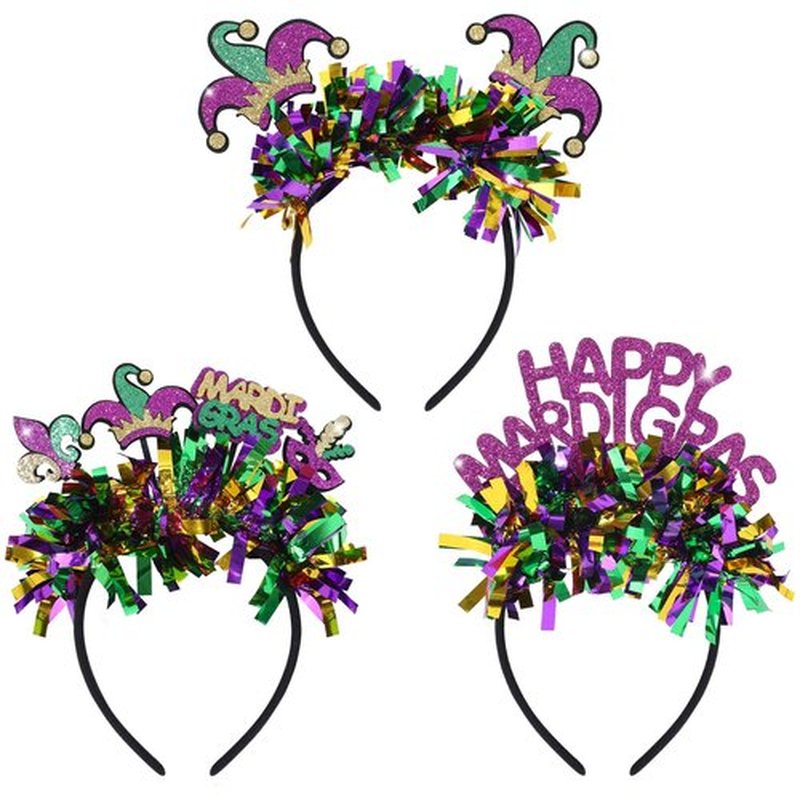 OAOLEER 3 PCS Mardi Gras Headbands for Girls, Mask Fleur De Lis Hairband Mardi Gras Glitter Hair Accessories for Women Adults